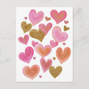 Rosa Valentinstagskarte mit goldenen Herzen Postkarte