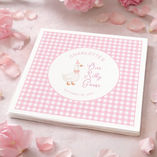 Rosa verrückte Gans Gingham Rustikale erste Geburt Serviette