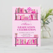 Rosa verspielte Bücher Abschluss Einladung (Stehend Vorderseite)