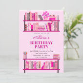 Rosa verspielte Bücher Geburtstag Einladung (Stehend Vorderseite)