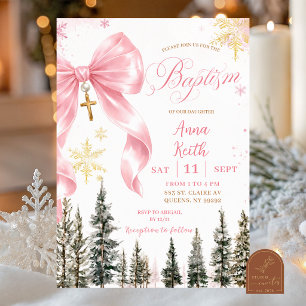 Rosa verspielte Schleife Winter-Taufeinladung Einladung