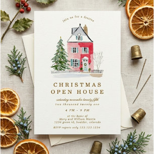 Rosa verspieltes Haus Weihnachts-Open-House-Party Einladung