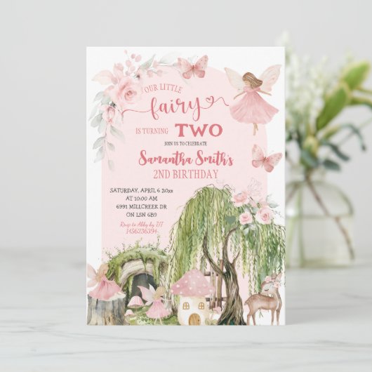 Rosa verzauberter Wald Kleine Fairy Girl Geburtsta Einladung (Stehend Vorderseite)