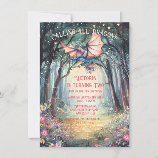 Rosa verzauberter Walddrache Geburtstag Einladung (Vorderseite)