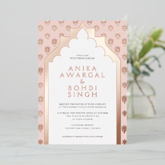 Rosa Verzierte indische Hochzeitsgolde Folieneinladung (Stehend vorne)