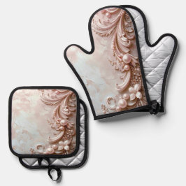 Rosa verzierte Perle und Floral Ofenhandschuh & Topflappen-Set