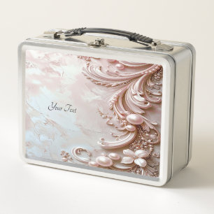 Rosa verzierte Perlen- und Blumen-Lunchbox Metall Brotdose