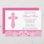 Rosa verzierte Querdamast-Mädchen-Taufe-Taufe Einladung (Vorne/Hinten)