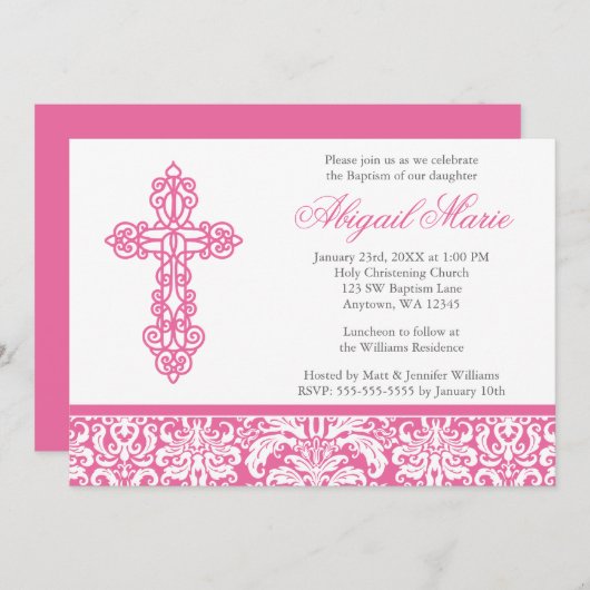 Rosa verzierte Querdamast-Mädchen-Taufe-Taufe Einladung (Vorne/Hinten)