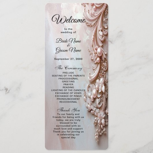 Rosa verziertes Perlen- und Blumenhochzeitsprogram Programm (Vorderseite)