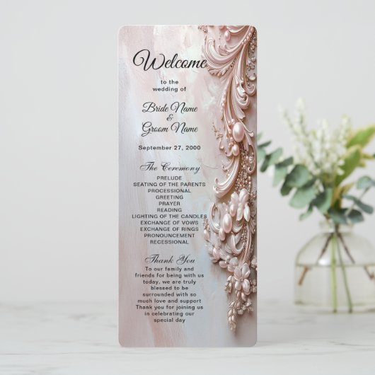 Rosa verziertes Perlen- und Blumenhochzeitsprogram Programm (Stehend Vorderseite)
