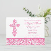 Rosa verziertes Querdamast-Mädchen-erste heilige Einladung (Stehend Vorderseite)