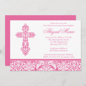 Rosa verziertes Querdamast-Mädchen-erste heilige Einladung (Vorne/Hinten)