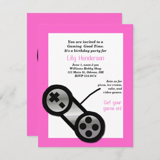 Rosa Videospiel-Party Einladung (Vorne/Hinten)