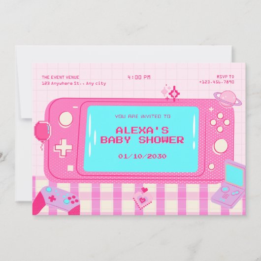 Rosa Videospiel Retro Babydusche Einladung (Vorderseite)