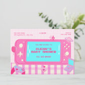 Rosa Videospiel Retro Babydusche Einladung (Stehend Vorderseite)
