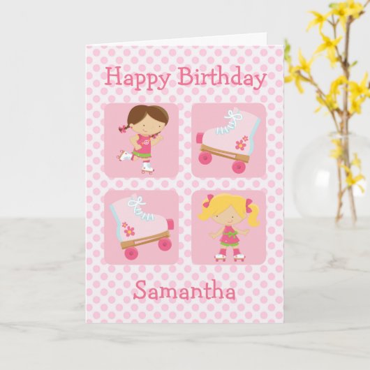 Rosa Vierquadrat Rollerskilaufen Geburtstag Karte (Gelbe Blume)