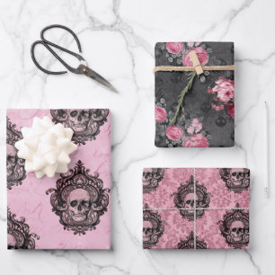 Rosa Viktorianisch gotischer Glam-Schädel und Dama Geschenkpapier Set