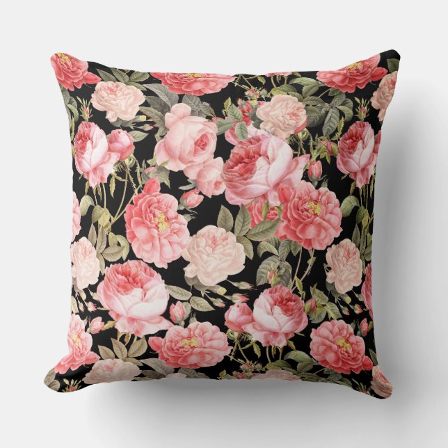 Rosa Viktorianische Rose auf schwarzem Muster Kissen (Vorderseite)