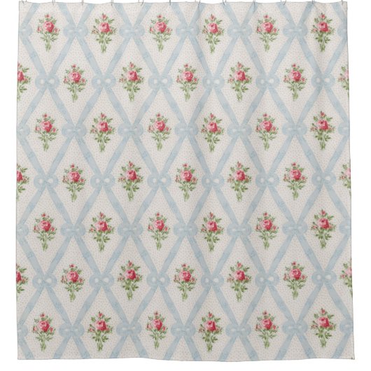 Rosa Viktorianische Rose mit blauem Flachbandgitte Duschvorhang (Vorderseite)