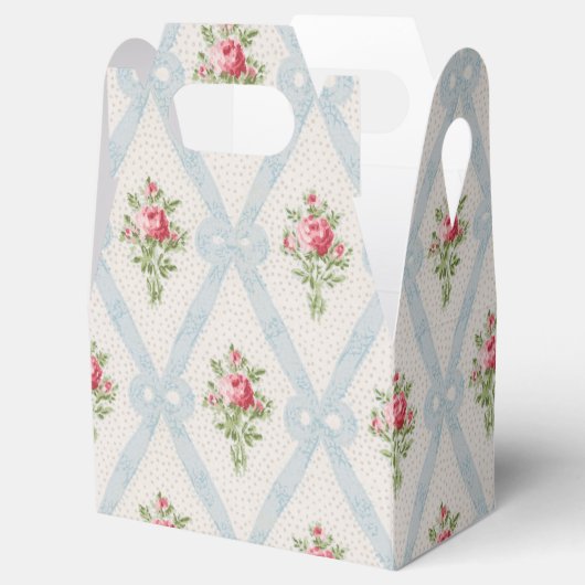Rosa Viktorianische Rose mit blauem Flachbandgitte Geschenkschachtel (Geöffnet)
