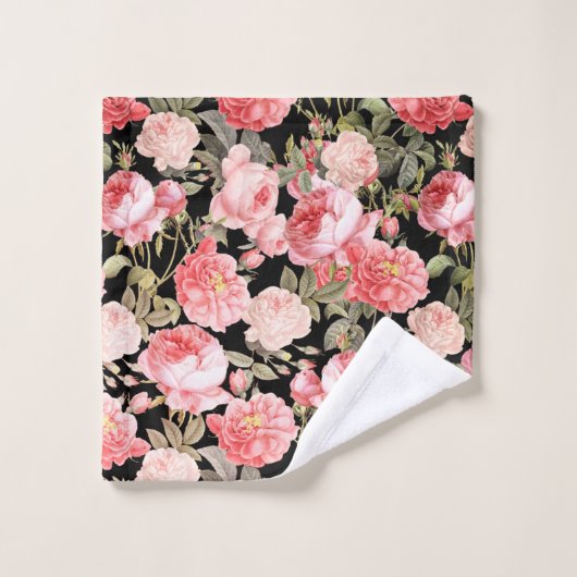 Rosa viktorianische Rosen auf schwarzem Muster Badhandtuch Set (Waschlappen)