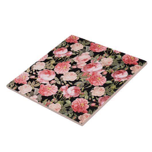 Rosa viktorianische Rosen auf schwarzem Muster Fliese (Seite)