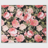 Rosa viktorianische Rosen auf schwarzem Muster Geschenkpapier (Flach)