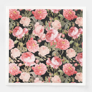 Rosa viktorianische Rosen auf schwarzem Muster Serviette