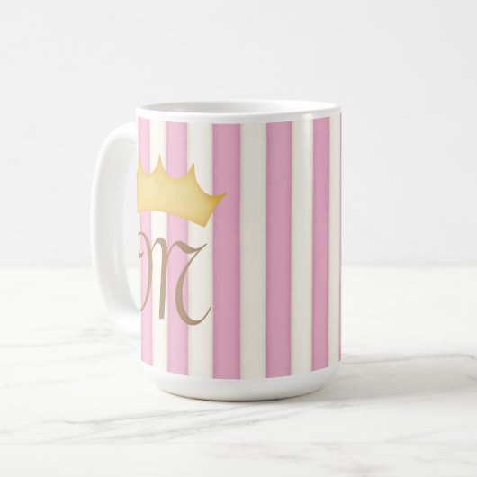 Rosa, Viktorianische Streifen, gekrönte Monogramm- Kaffeetasse (Vorderseite Links)