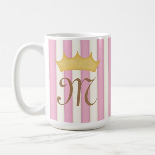 Rosa, Viktorianische Streifen, gekrönte Monogramm- Kaffeetasse (Links)
