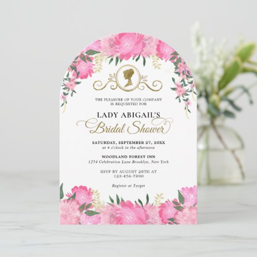 Rosa Viktorianisches Brautparty Arch Einladung (Stehend Vorderseite)