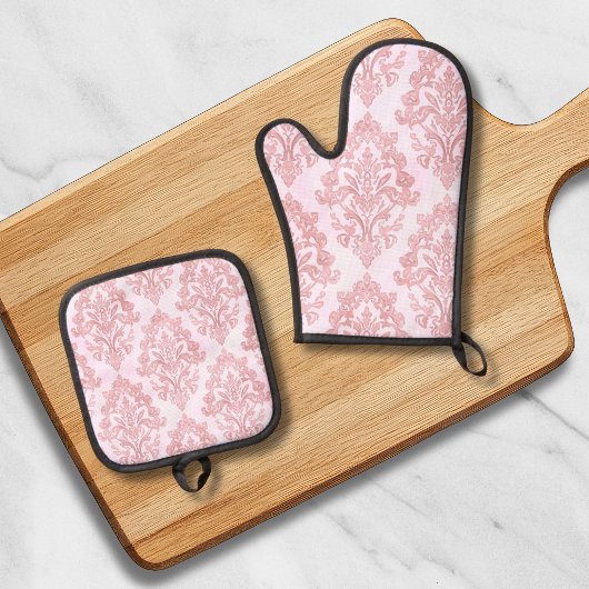 Rosa viktorianisches Damast-Wasserfarbenmuster Ofenhandschuh & Topflappen-Set