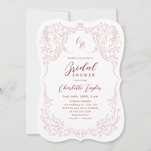 Rosa Vintag Geblüht Monogramm-Brautparty Einladung (Vorderseite)