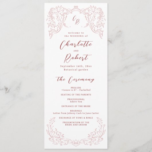 Rosa Vintag Geblüht Monogramm-Hochzeitsprogramm Menükarte (Vorderseite)