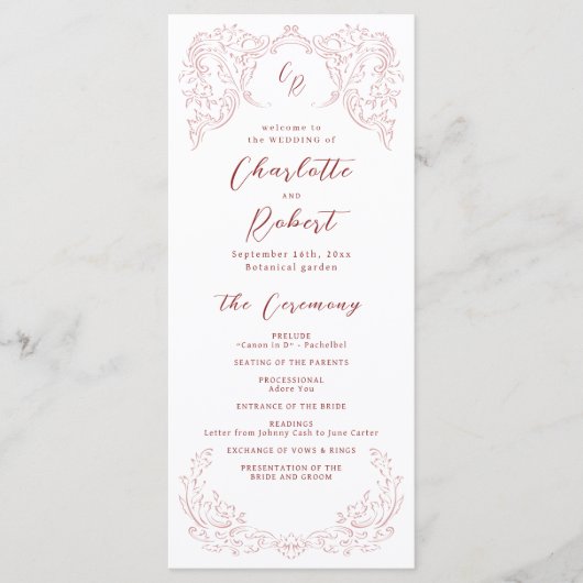 Rosa Vintag Geblüht Monogramm-Hochzeitsprogramm Menükarte (Vorderseite)