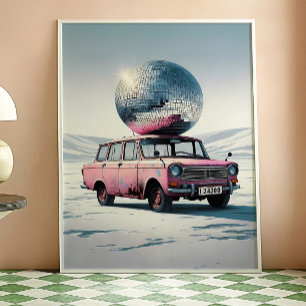 Rosa Vintage-Auto mit Disco-Kugel Kunstprint Poster