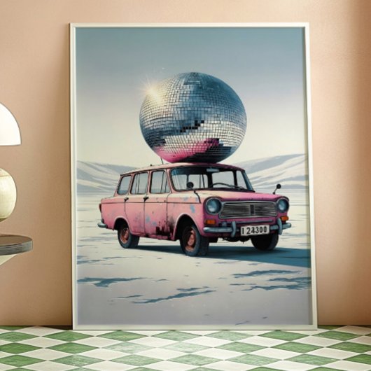 Rosa Vintage-Auto mit Disco-Kugel Kunstprint Poster