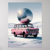 Rosa Vintage-Auto mit Disco-Kugel Kunstprint Poster (Vorne)