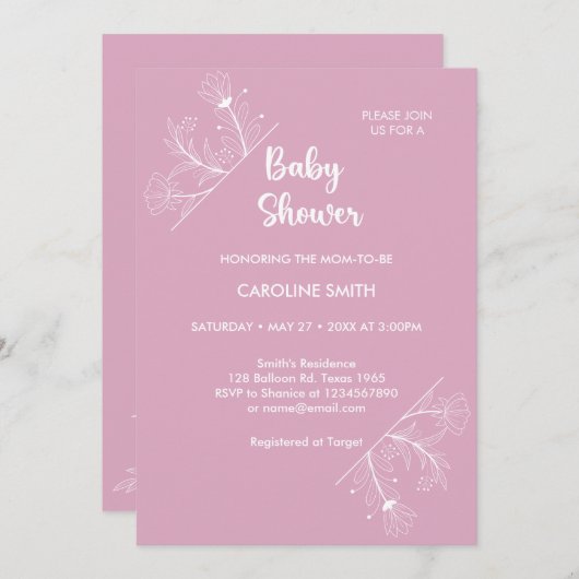 Rosa Vintage Babydusche Einladung (Vorne/Hinten)