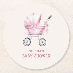 Rosa Vintage-Babykinderwagen-Baby Shower Runder Pappuntersetzer