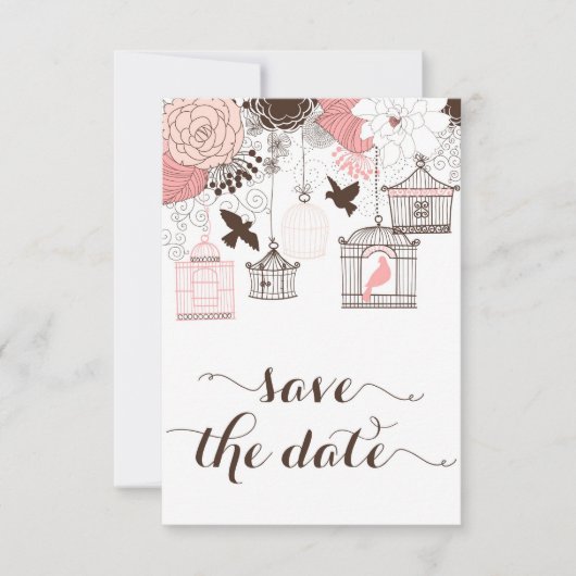 Rosa Vintage Birdcchés Save the Date florale (Vorderseite)