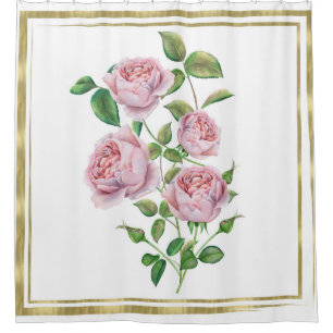 Rosa Vintage Blumen Botanisch Grüne Blätter Gold Duschvorhang
