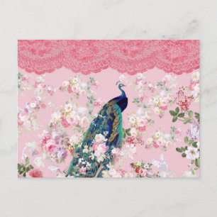 Rosa vintage-blumen elegant spitze farbenfroh pfau postkarte