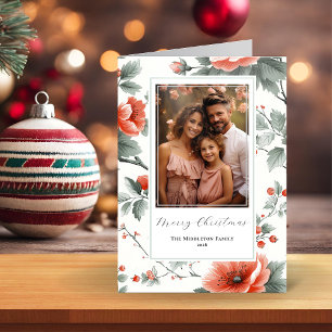 Rosa Vintage-Blumen-Falt-Weihnachtskarte mit Foto Feiertagskarte