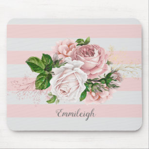 Rosa Vintage-Blumen gestreift Mousepad
