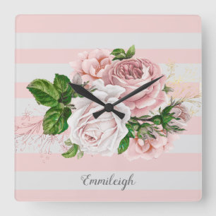 Rosa Vintage-Blumen gestreift  Quadratische Wanduhr