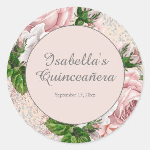 Rosa Vintage-Blumen-Glitter-Quinceañera Runder Aufkleber