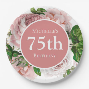 Rosa Vintage-Blumen-Grün 75. Geburtstag Pappteller