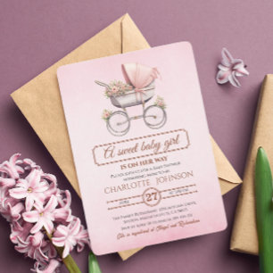 Rosa Vintage-Blumen-Kinderwagen-Baby-Show Einladung